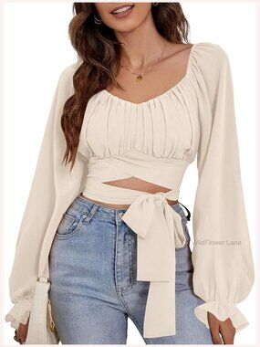 Ruched Wrap Square Neck Flounce Long Sleeve Crop Top Blouse